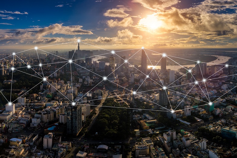 Cityscape of Ho Chi Minh City in Vietnam and network connection concept , Network in center of heart business district near Saigon river