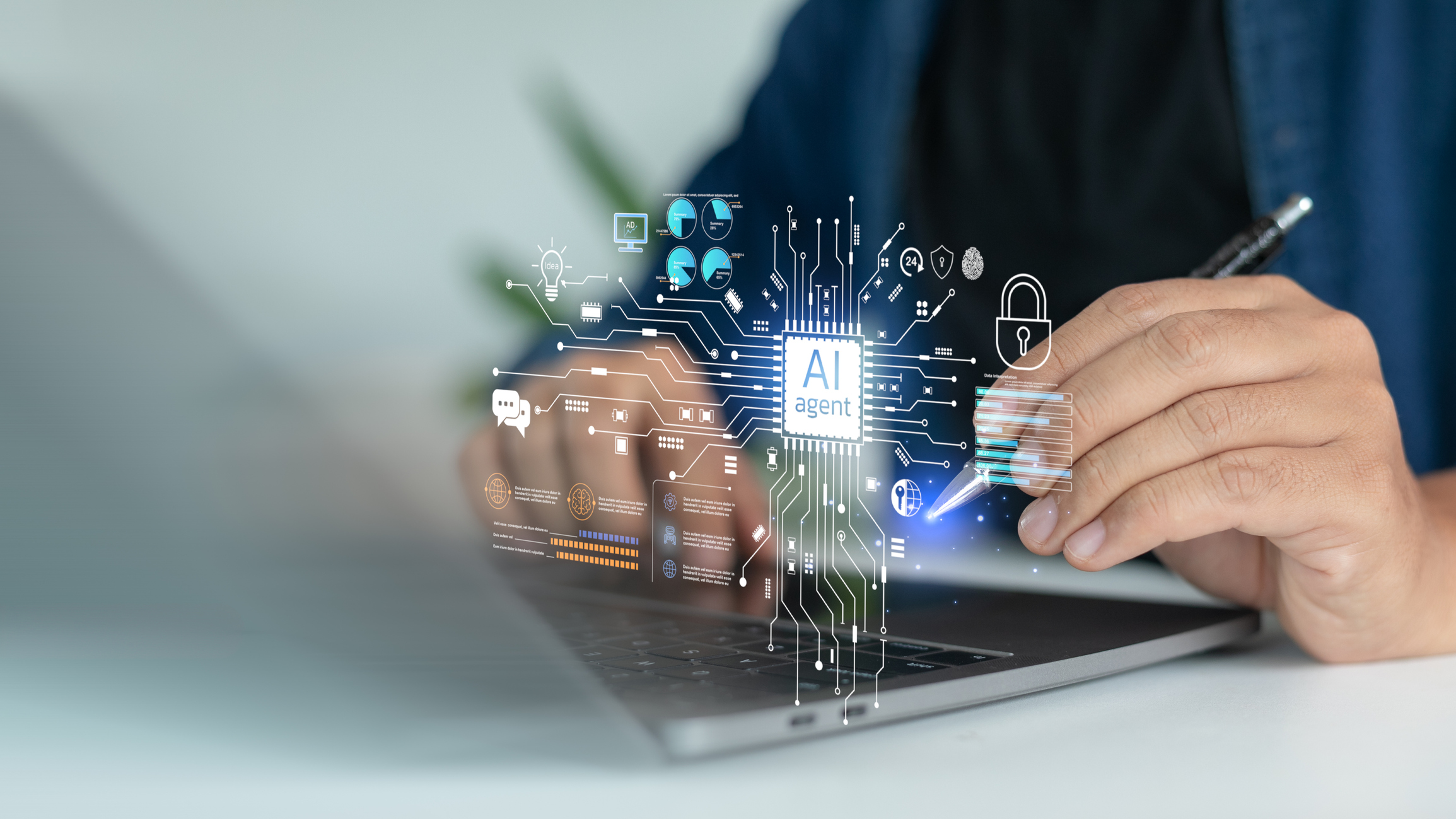 Businessman hand using a laptop with an AI agent technology interface, representing artificial intelligence, data analytics, cybersecurity, and digital transformation.